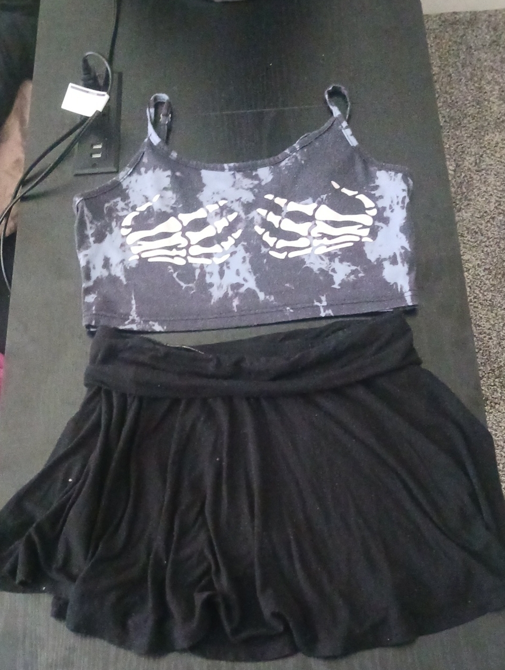 Black Tie-Dye Skeleton Hand Bralette Top (S) and Strechy Black Skort (M)